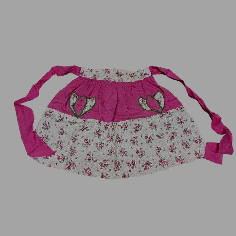 Vintage Handmade Pink Roses Floral Half Apron Cottagecore Victorian Flowers